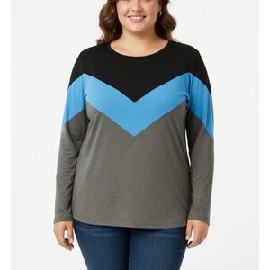 *BIN* Contrast Round Neck T-Shirt , Women’s XL, Black Blue Gray